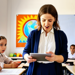 "A diverse group of Albanian children in a bright, modern classroom, engaged in a hands-on learning activity with a female teacher. The classroom features colorful educational posters and technology like tablets. Sunlight streams in, creating a positive and engaging atmosphere. Focus on the children's expressions of curiosity and enthusiasm."