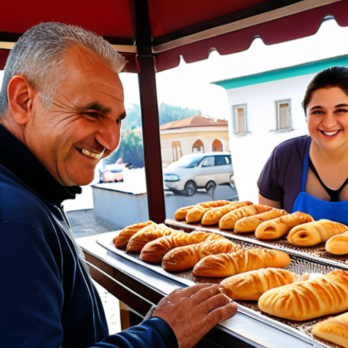 **Prompt:** A sunny morning in Tirana, Albania. A friendly baker smiles warmly as he hands a customer a fresh pastry. The customer returns the smile, saying "Mirëmëngjes". Capture the feeling of a positive start to the day in Albanian culture.