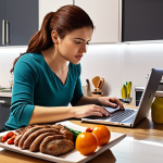 **

Prompt:  Busy working woman preparing dinner while online shopping on her laptop at the kitchen table. Focus on convenience and multitasking.

**